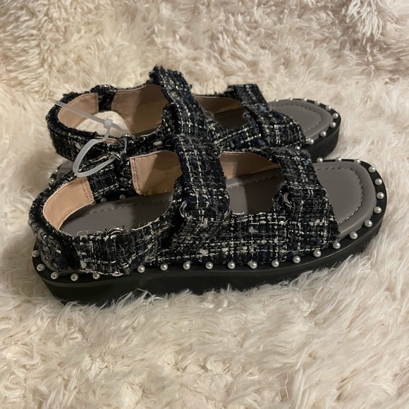 Stuart Weitzman Zoe Lift Embellished Tweed Sandals - Picture 1 of 5